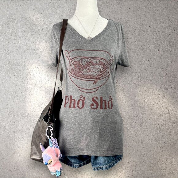 Ann Arbor Tops - Ann Arbor Pho Sho Womens Small Gray V-Neck Graphic Tee Vietnamese Y2K Bleached